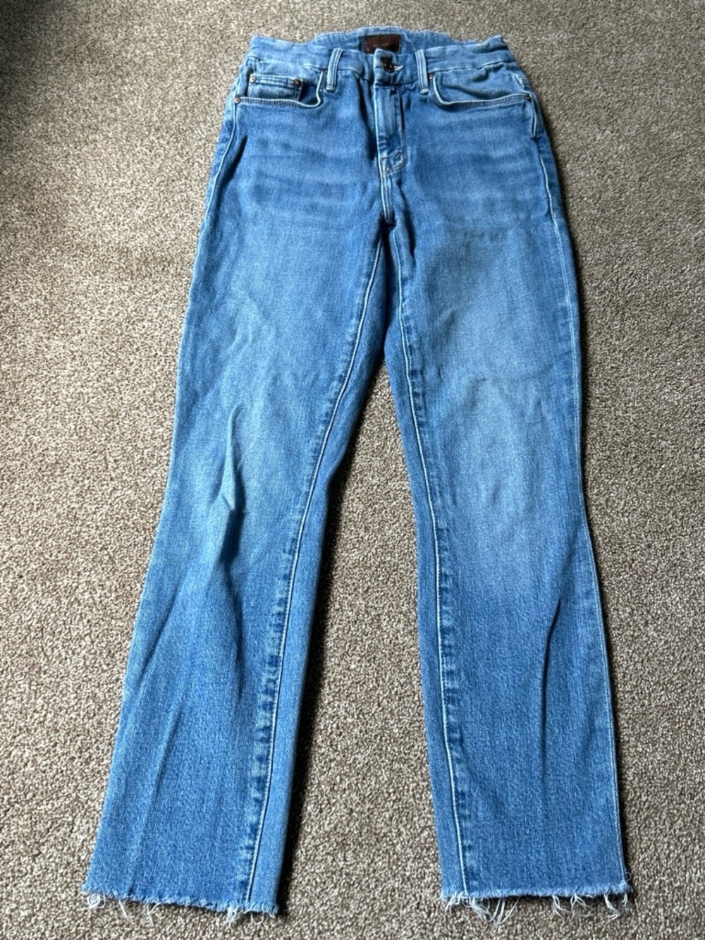 MOTHER Straight-Leg Jeans in Light Blue Denim with Raw Hem